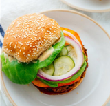 Southwestern Veggie Burger w/ Cucumber Salad & Corn Cakes w/ Zucchini Salsa