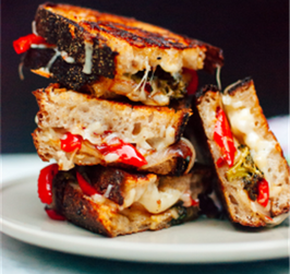 Roasted Broccoli & Red Pepper Grilled Cheese w/ Tomato Soup