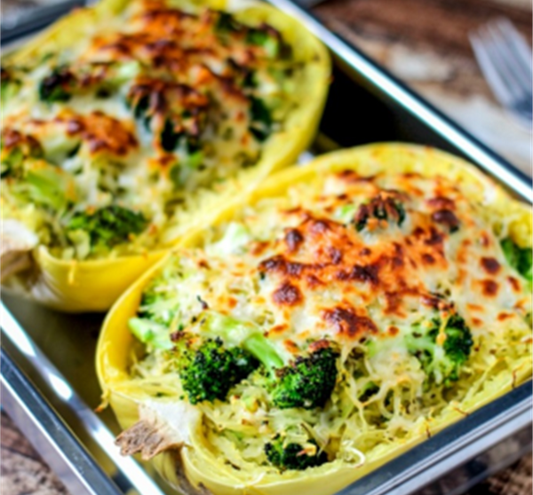 Moroccan Chickpea Quinoa Salad & Broccoli Cheese Stuffed Spaghetti Squash