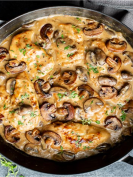 Herbed Mushroom Chicken over Egg Noodles w/ Sauteed Spinach