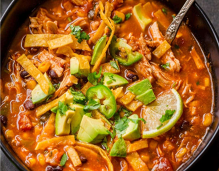 Chicken Tortilla Soup & Gorgonzola, Caramelized Onion and Turkey Sausage Pizza