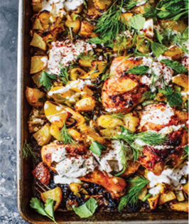 Roasted Chicken and Potatoes w/ Harissa Sauce and Green Beans