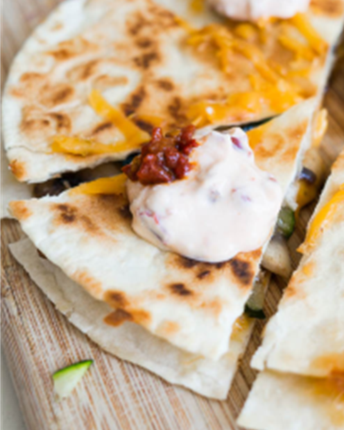 Mushroom and Zucchini Quesadillas w/ Texas Caviar & Orange Orzo Salad