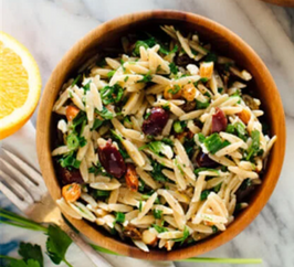 Orange Orzo, Feta, Almond, and Olive Salad