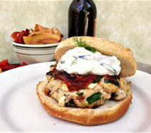 A turkey burger blended with spinach
and feta, topped with Tzatziki Sauce