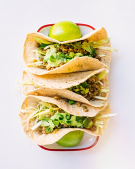 Lentil Tacos w/ Avocado Sauce & Mushroom Quiche w/ Salad