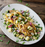 Southwestern Veggie Burger w/ Cucumber Salad & Corn Cakes w/ Zucchini Salsa