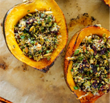 Pumpkin Chipotle Burger w/ Potato Wedges & Quinoa Stuffed Acorn Squash